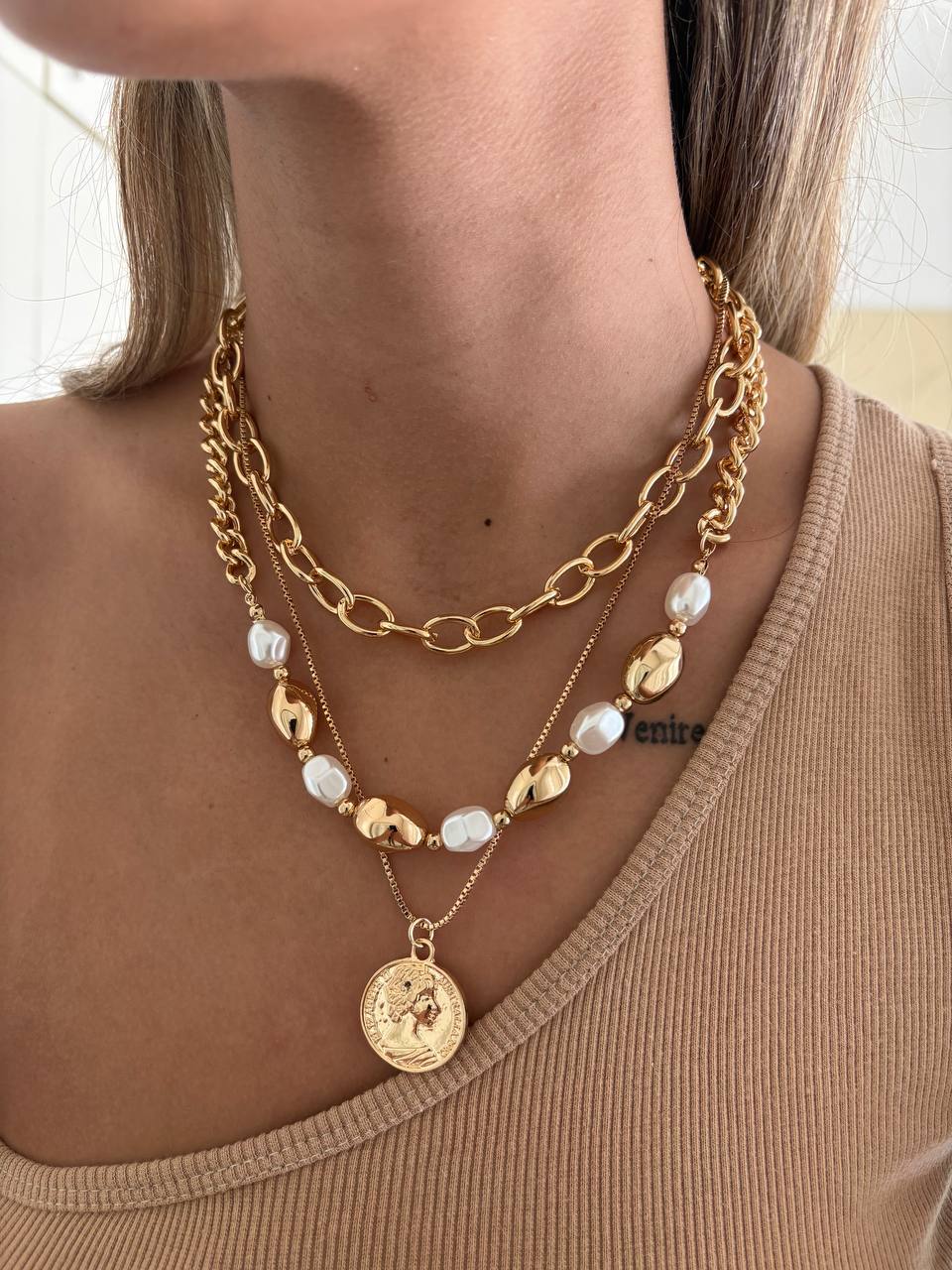 گردنبند سه لاین طلایی صدفی